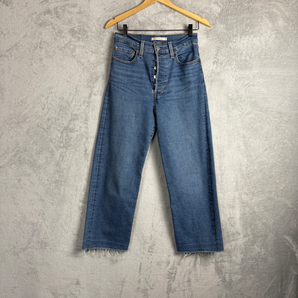 Levi's Jeans Ribcage Straight Ankle 27 Medium Wash Blue High Rise Denim Raw Hem